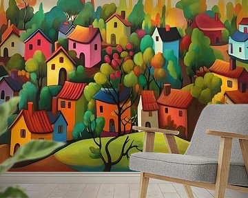 kleurig dorpje platteland in de herfst naïef