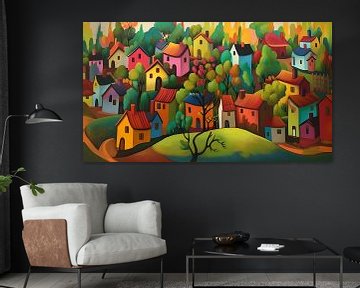 colourful village countryside in autumn naive by Jan Bechtum