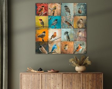 Collage van allerlei verschillende vogels in diverse stijlen van Mel Digital Art