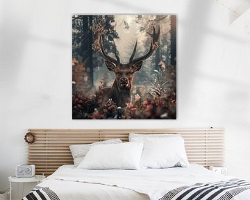 Close-up hert met gewei in een magisch bos van Mel Digital Art