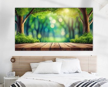 Nature background, wooden table above blurred green trees in the garden by Animaflora PicsStock