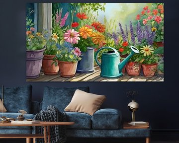 Fleurs en pots et arrosoir, peinture de fond de jardin sur Animaflora PicsStock