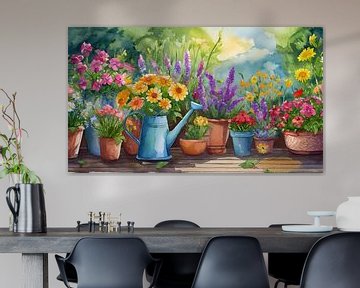 Bloemen in potten en gieter, tuin achtergrond schilderij van Animaflora PicsStock