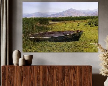 Oude roeiboot in landschap met bergen op de achtergrond van Edith Keijzer