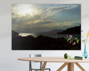 Sun harps over the sea with rocks in the foreground. by Edith Keijzer