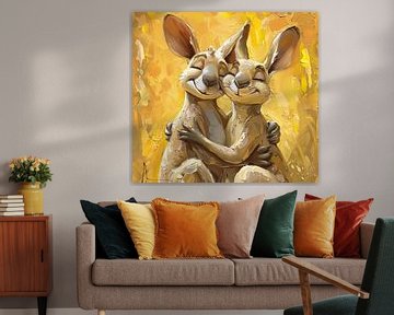 Kangourou Yellow Art | Kangourou Whispered Affection sur Blikvanger Schilderijen