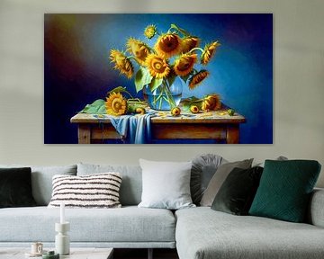 Nature morte Tournesols dans un vase en verre bleu