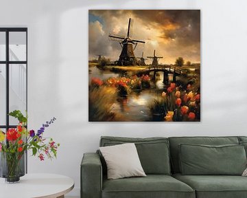 Landschaft mit Tulpen und Windmühlen von Gert-Jan Siesling