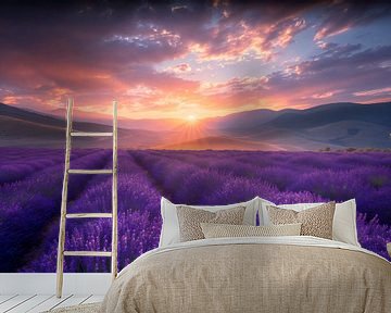 Ondergaande zon boven lavendel veld van Pieter Struiksma