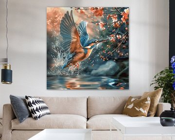 Ijsvogel omringd door bloesem en waterdruppels van Mel Digital Art