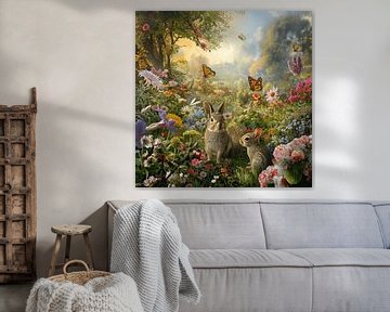 Holen Sie sich den Frühling in Ihr Zuhause mit diesem Hasen in einem Blumenfeld von Mel Digital Art
