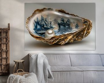 Delfter Blaue Auster mit Perle und Segelschiff von Dunto Venaar