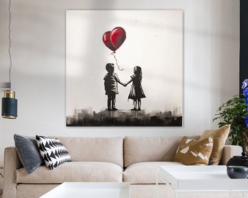 Meisje en jongen met 2 ballonnen van TheXclusive Art