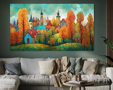 kleurig kasteel met dorpje in de herfst