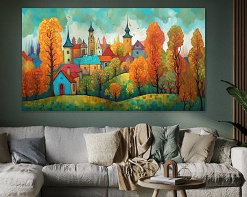 colourful castle with village in autumn by Jan Bechtum