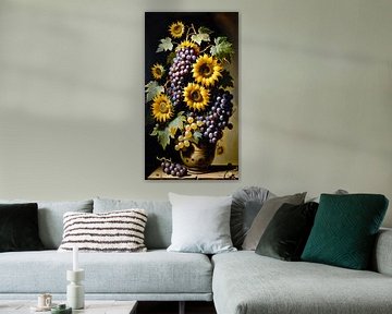 Vervreemdend stilleven zonnebloemen en druiven van Maud De Vries