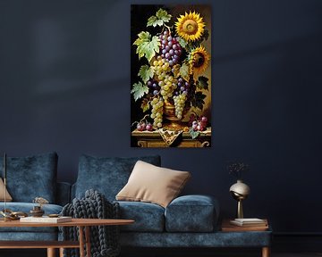 Impressionnante nature morte aux raisins et aux tournesols sur Maud De Vries