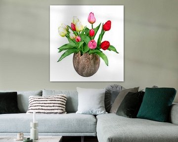 Lente decoratie met een bos tulpen op een witte achtergrond
