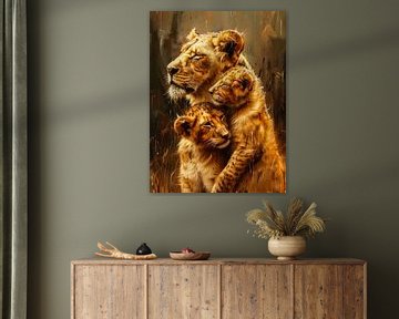 Löwen | Löwin mit Familie kuschelt  im Regen