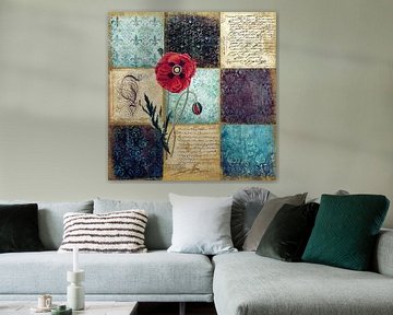 Vintage damasten patchwork collage met klaprozen en ephemera van Western Exposure