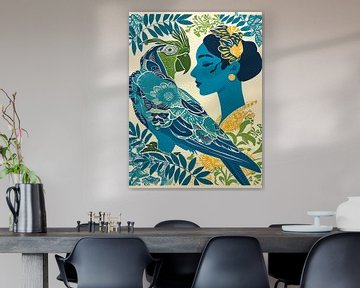 Blauwe vrouw met papegaai | AI Litho Print van Frank Daske | Foto & Design