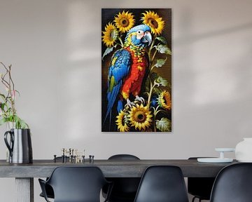 Papegaai tussen zonnebloemen -1 van Maud De Vries