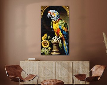 Porträt eines Papageis mit Sonnenblume von Maud De Vries