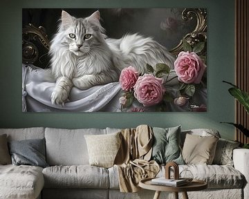 chat - chat sur un lit avec des fleurs sur Gelissen Artworks