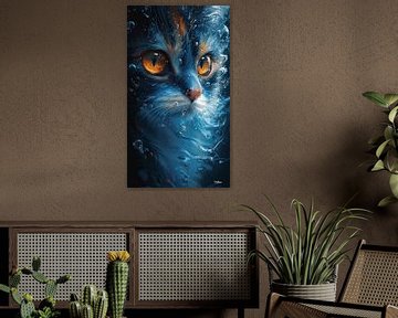 poes - kat met blauw water van Gelissen Artworks