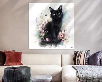 poes - kat in gras met bloemen van Gelissen Artworks