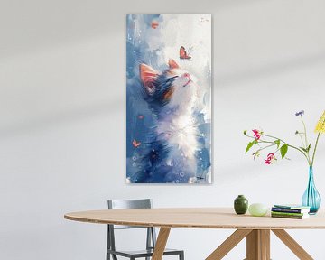 chat à l'aquarelle avec papillon et ciel bleu sur Gelissen Artworks