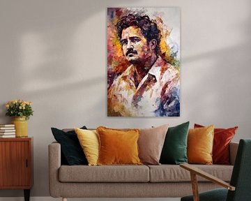 Pablo Escobar  De Denker in Kleurrijke Reflectie van De Muurdecoratie