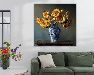 Classic sunflower still life in Delft blue vase by Vlindertuin Art