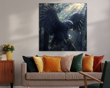 Arend in een sprookjesachtig bos met gespreide vleugels van Mel Digital Art