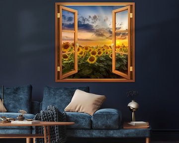 Aussicht auf Sonnenblumen im Sonnenuntergang von Melanie Viola