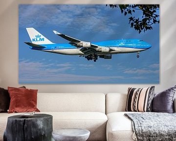 Vertrekkende KLM Boeing 747-400 passagiersvliegtuig.