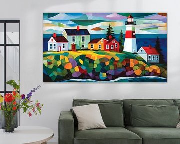 Colourful lighthouse on New England coast by Jan Bechtum