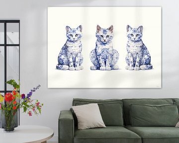 Three seated cats in Delft Blue by Lauri Creates