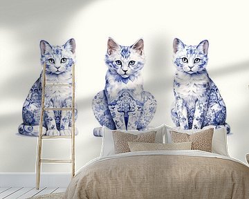 Drei sitzende Katzen in Delfter Blau von Lauri Creates