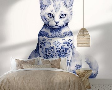 Zittende kat in Delfts Blauw van Lauri Creates