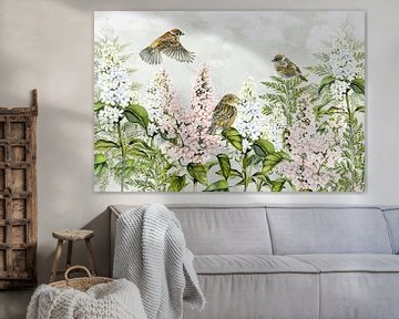 birds sparrow on lilacs by Geertje Burgers