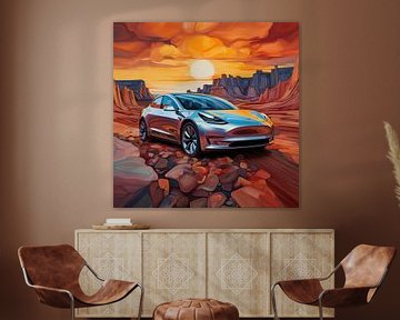 Coucher de soleil sur la Tesla model 3 sur TheXclusive Art
