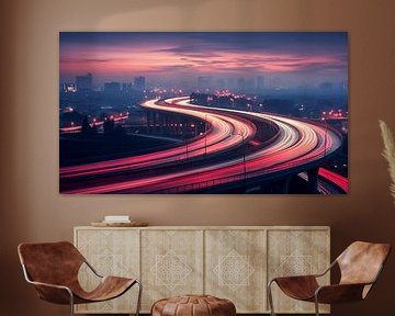 Time-lapse car light trails on the city street at night with skyline in the background by Animaflora PicsStock