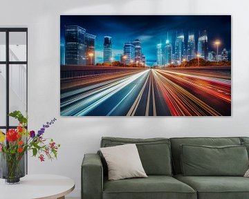 Time-lapse car light trails on the city street at night with skyline in the background by Animaflora PicsStock