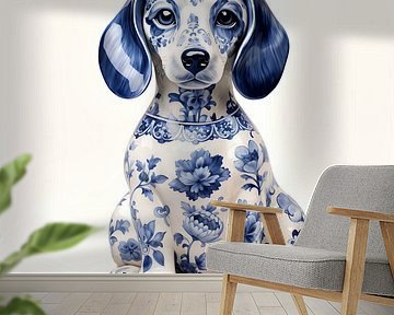 Niedlicher sitzender Dackel in Delfter Blau von Lauri Creates