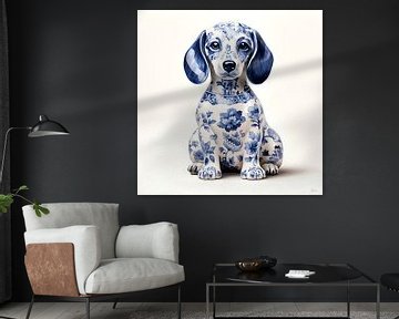 Cute sitting dachshund in Delft Blue by Lauri Creates