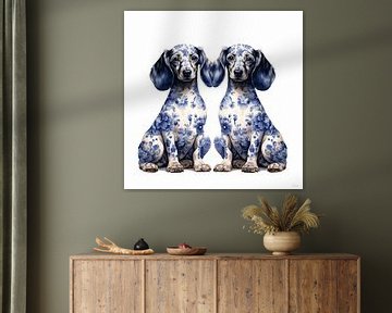 Two sitting dachshunds in Delft Blue by Lauri Creates