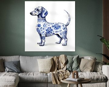 Dachshund standing in Delft Blue by Lauri Creates