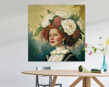 Portret van een Klassieke vrouw met pioenrozen in het haar van Studio Pieternel