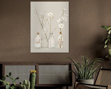 Illustratie in Japandi stijl, stilleven van witte bloemen van Japandi Art Studio